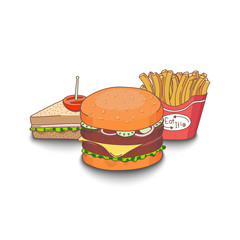 Vector illustration of cartoon fast-food meal colored with shadows.