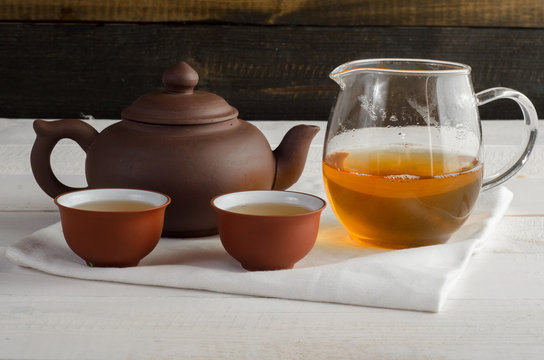 tea set on wooden background