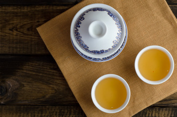 tea set on wooden background