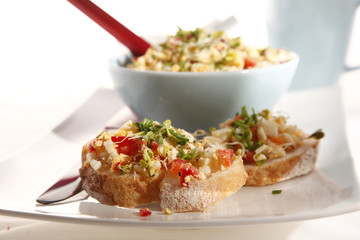scrambled eggs, egg pasta, sandwich with egg and tomato 