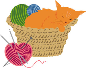 Sleeping kitten in a basket with knitting balls