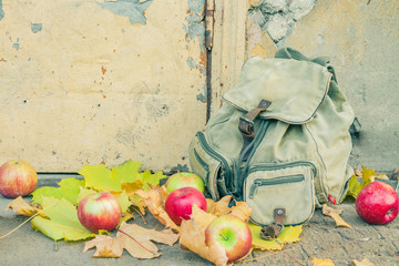 Backpack with apples on the threshold