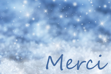 Blue Sparkling Christmas Background, Snow, Merci Means Thank You