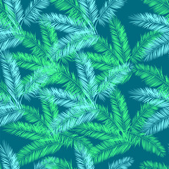 Teal, blue and green palm vector seamless pattern. Hawaiian shirt pattern.