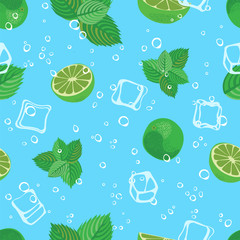 Mojito cocktail lime mint and ice blue water seamless vector pattern background