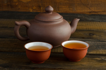 tea set on wooden background