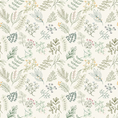 Seamless pattern of flowers, herbs and leaves - 124804456