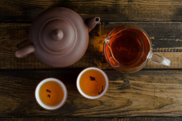 tea set on wooden background
