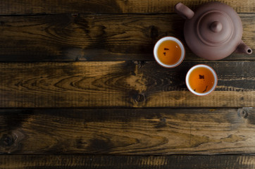 tea set on wooden background