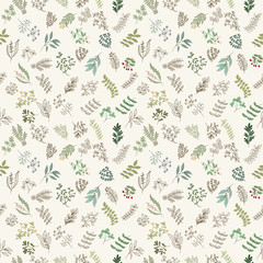 Naklejka na ściany i meble Seamless pattern of flowers, herbs and leaves