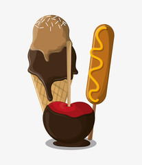Corn dog ice cream and apple icon. Fast carnival food and menu theme. Colorful design. Vector illustratio