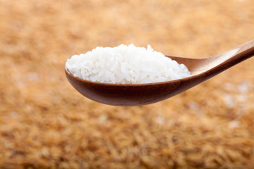 food background. rice grain in a wooden spoon and forming a background.