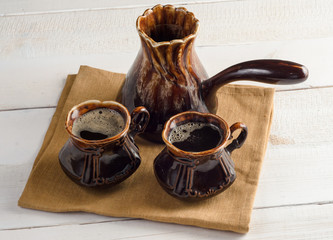 coffee composition, set on wooden table