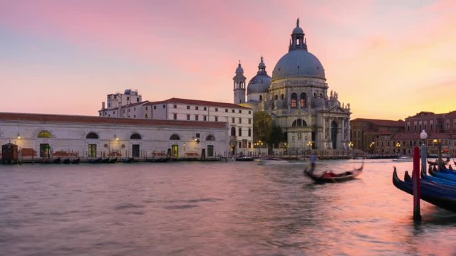 venice santa maria della salute basilica canal cathedral sunset traffic panorama 4k time lapse italy
