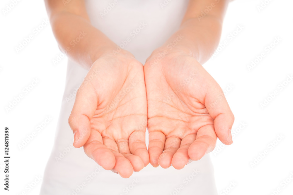 Canvas Prints Empty woman hands over body isolated on background .