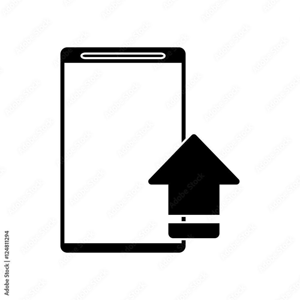 Poster upload arrow and smartphone icon. digital web application and technology theme. isolated design. vec