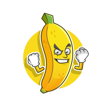 Strong banana mascot. Vector banana character