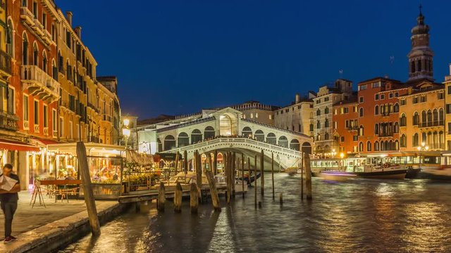 italy night illumination famous rialto bridge grand canal restaurant panorama 4k time lapse venice
