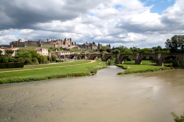 The ancient fortified city of Carcassonne, France on a spring day.