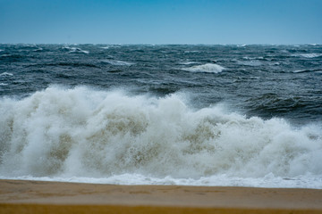 Powerful wave crashing on the shore