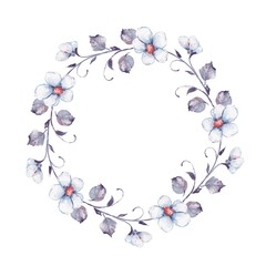 White flowers. Watercolor floral wreath. Hand drawn element for design. Round frame 3.