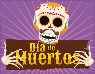 Funny Skeleton Holding a Wooden Greeting for 