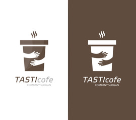 Vector coffee cup and hands logo combination. Cafe and embrace symbol or icon. Unique restaurant and coffeehouse logotype design template.