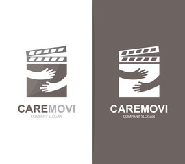 Vector clapperboard and hands logo combination. Cinema and embrace symbol or icon. Unique movie and video logotype design template.