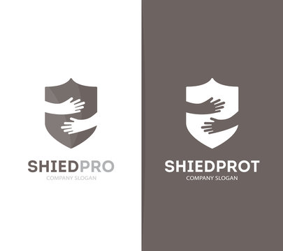 Vector shield and hands logo combination. Security and embrace symbol or icon. Unique protect and defense logotype design template.