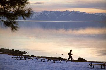 lake snow sunset