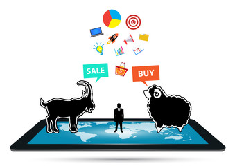 businessman grab a goat to match a sheep on tablet online and set icon business concept vector.