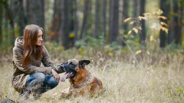 Girl With a Dog at autumn forest - young pretty woman petting her dog - german shepherd