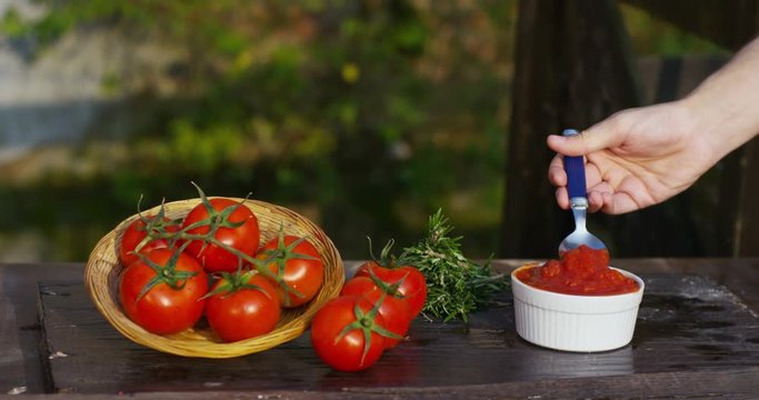 Slow motion of young farmer hand gathering/harvesting fresh row ripe piccadilly tomatoes from plants in 4k on a sunlight (close up view)