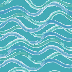 Abstract sea seamless pattern. Turquoise background with light and dark blue waves. Bright texture.