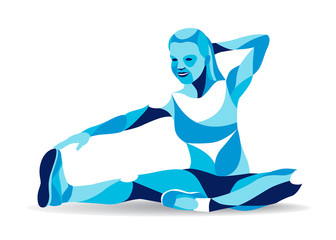 Trendy stylized illustration movement, fitness woman stretching leg, line vector silhouette