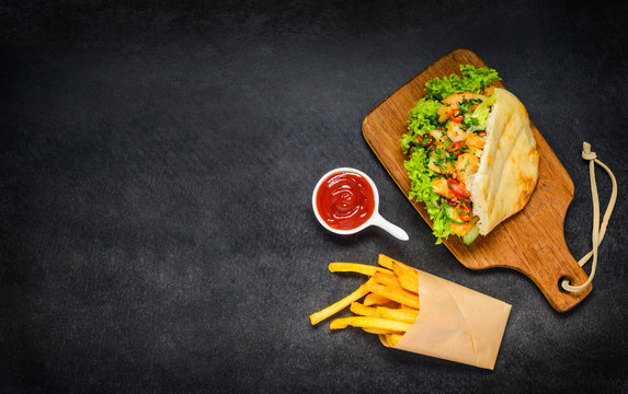 Doner Kebab with French Fries and Copy Space