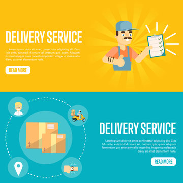 Smiling delivery man in uniform with clipboard on yellow background. Closed cardboard boxes on blue background. Delivery service website templates, vector illustration. Professional courier concept.