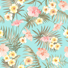Tropical design for fabric swatch. Topical palm leaves and beautiful plumeria flowers on seamless patten over green background. Vector illustration. - obrazy, fototapety, plakaty