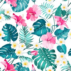 Seamless tropical flowers and jungle palms. Beautiful fabric pattern with a tropical flowers isolated over white background. Blossom plumeria for seamless pattern background.