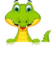 funny crocodile cartoon posing with blank sign
