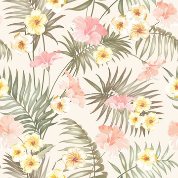 Sepia tropical flowers and jungle palms. Beautiful fabric pattern with a tropical plumeria isolated over pink background. Blossom plumeria for seamless pattern background.
