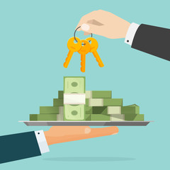 Keys to success vector illustration, flat cartoon person hands giving to each other lots of money and keys, concept of loan, wealth secret, richness