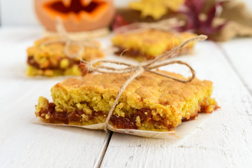 Freshly baked homemade cake with apricot jam. Dessert on Halloween. Close up