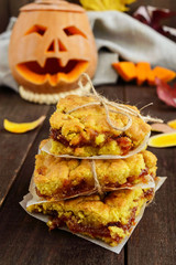 Freshly baked homemade cake with apricot jam. Dessert on Halloween.