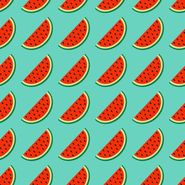Watermelon slice cut with seed in a row Summer Seamless Pattern Blue background. Flat design.