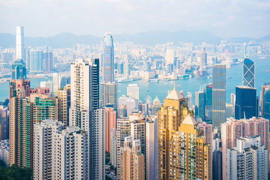 Skyscraper view from the Peak Tower, landmark of Hong Kong
