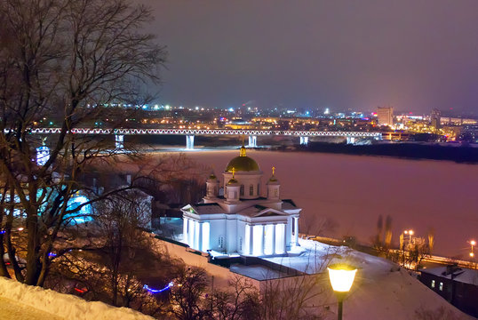 A view of the metro bridge and the Annunciation monastery, Nizhny Novgorod, Russia