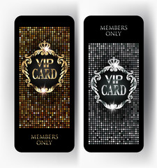 VIP gold and silver cards with disco background, vintage frame and crown