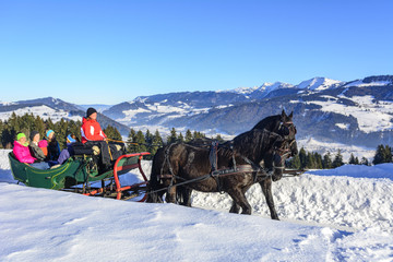 mit einem Pferdeschlitten im Schnee unterwegs