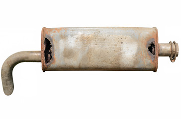 Old car muffler. Front and corrosion damage.